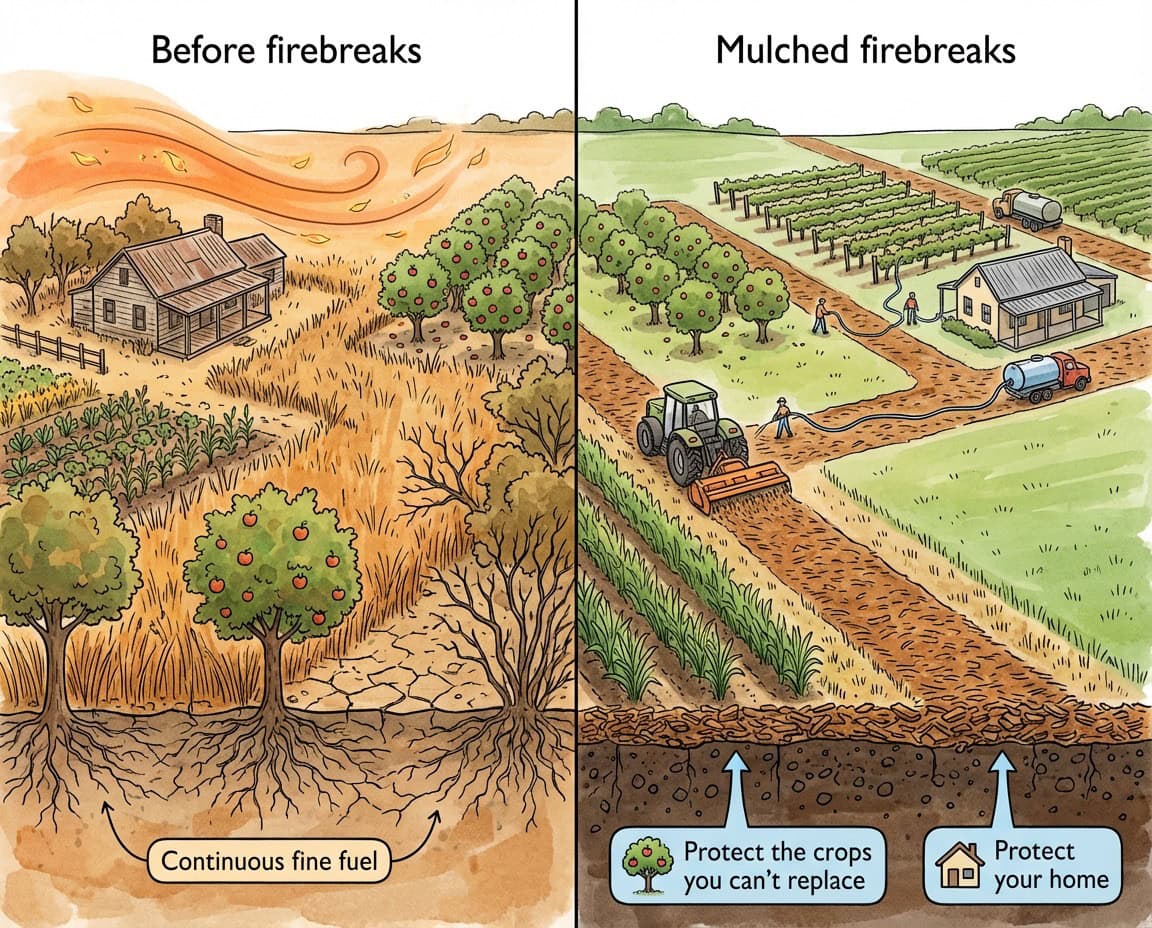 Firebreaks protecting house and fields