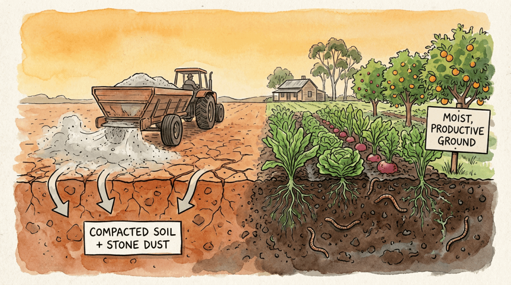 Illustration of stone dust transforming compacted soil into moist, crumbly, producti
